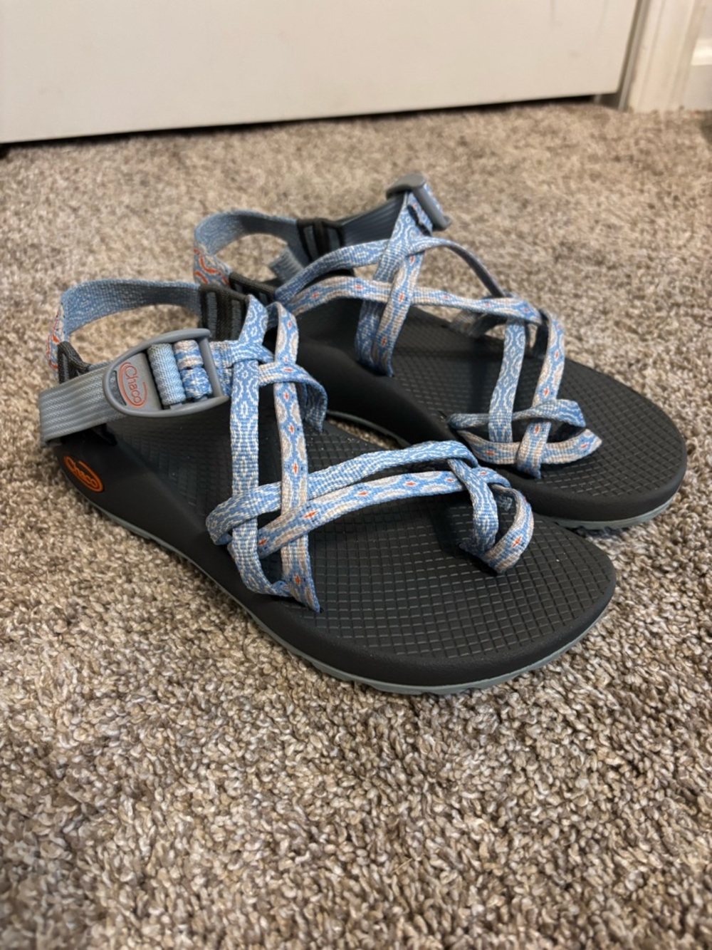Chaco Blue and Gray Patterned Strappy Sandals